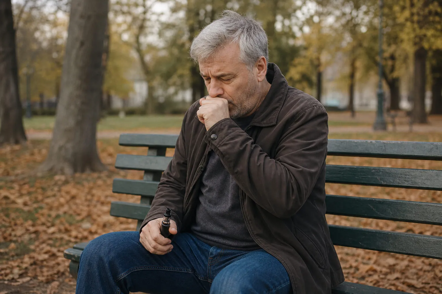 Homme toussant légèrement sur un banc de parc, cigarette électronique à la main