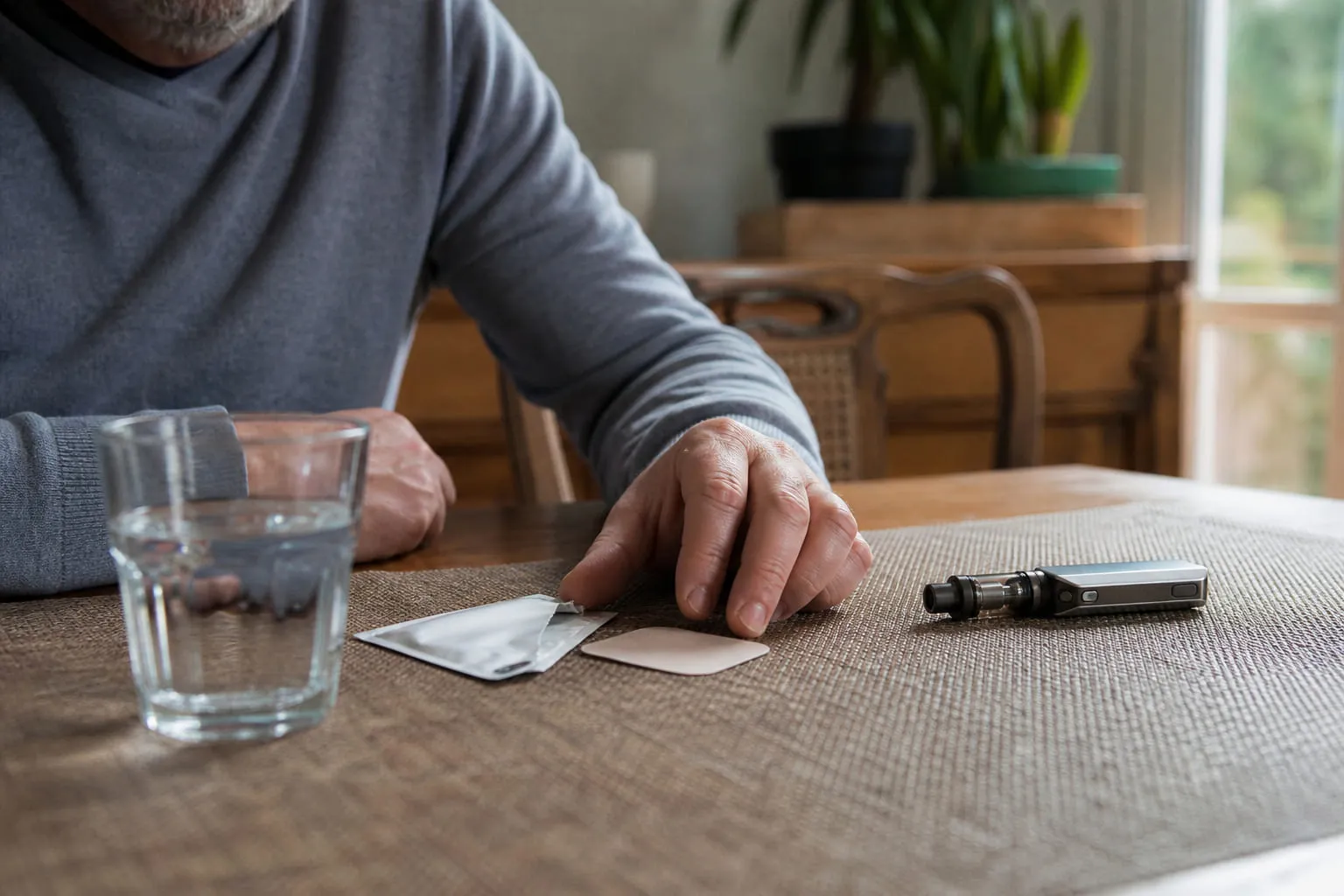 Patch nicotinique dans son sachet posé à côté d'une cigarette électronique