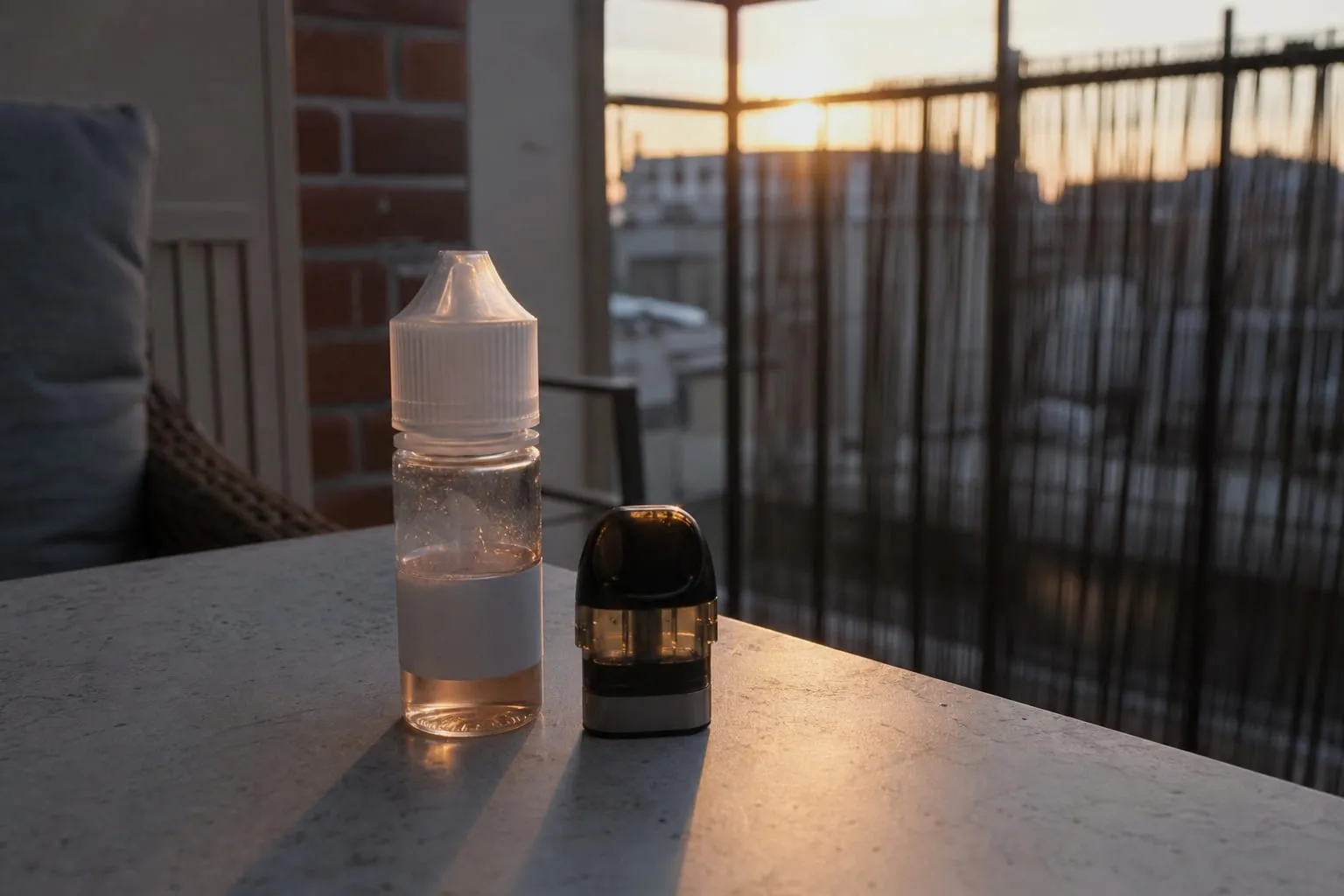 Un flacon transparent et un pod posés sur une table claire