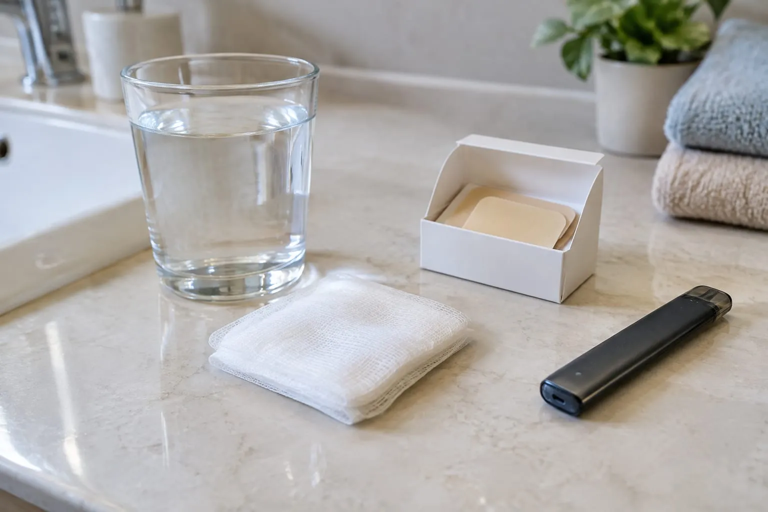 Compresse de gaze, verre d'eau et boîte de patchs posés sur un plan de salle de bains, une cigarette électronique à l'écart