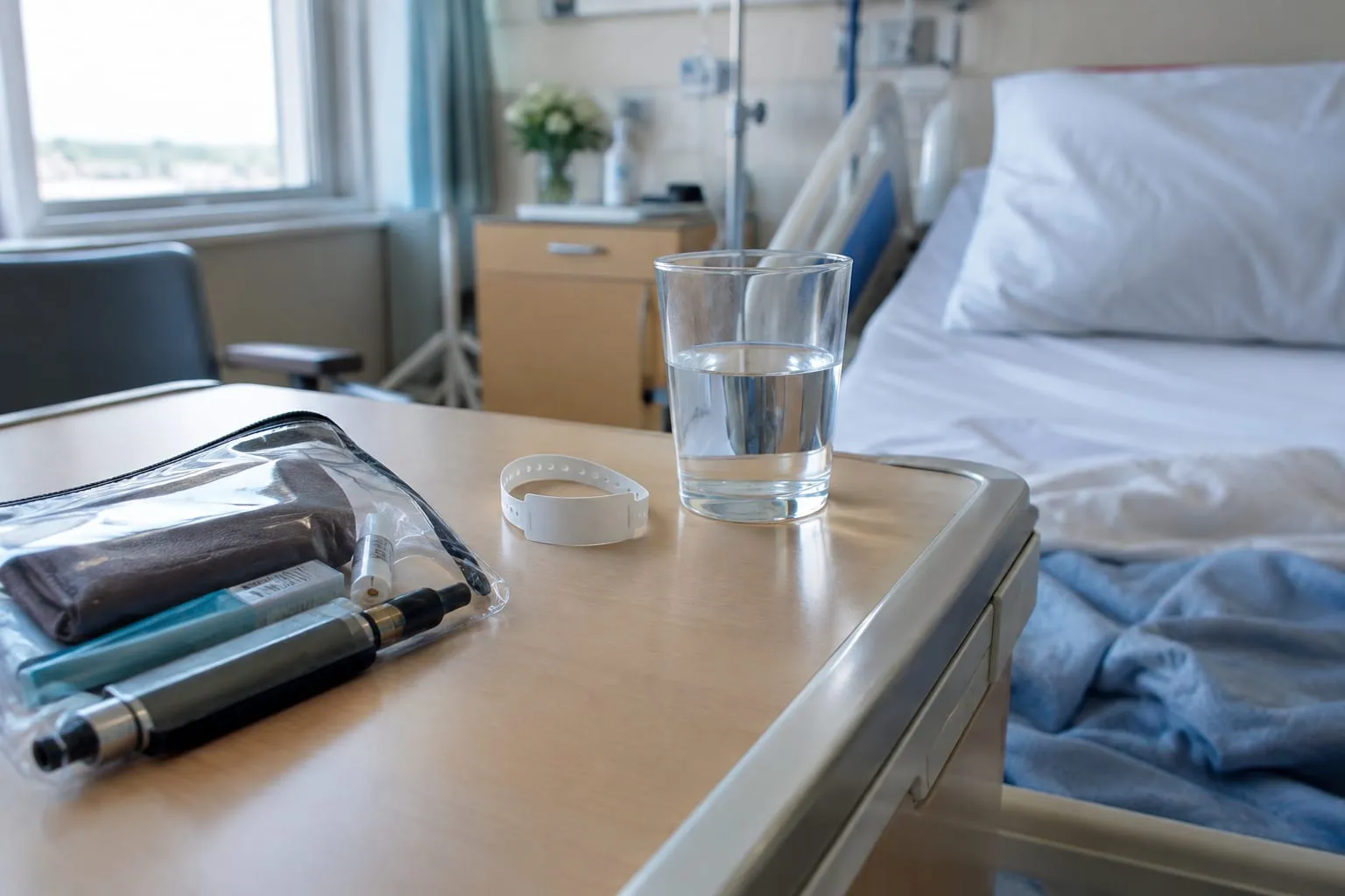 Tablette de chambre d'hôpital avec un bracelet patient, un verre d'eau et une cigarette électronique rangée dans une pochette