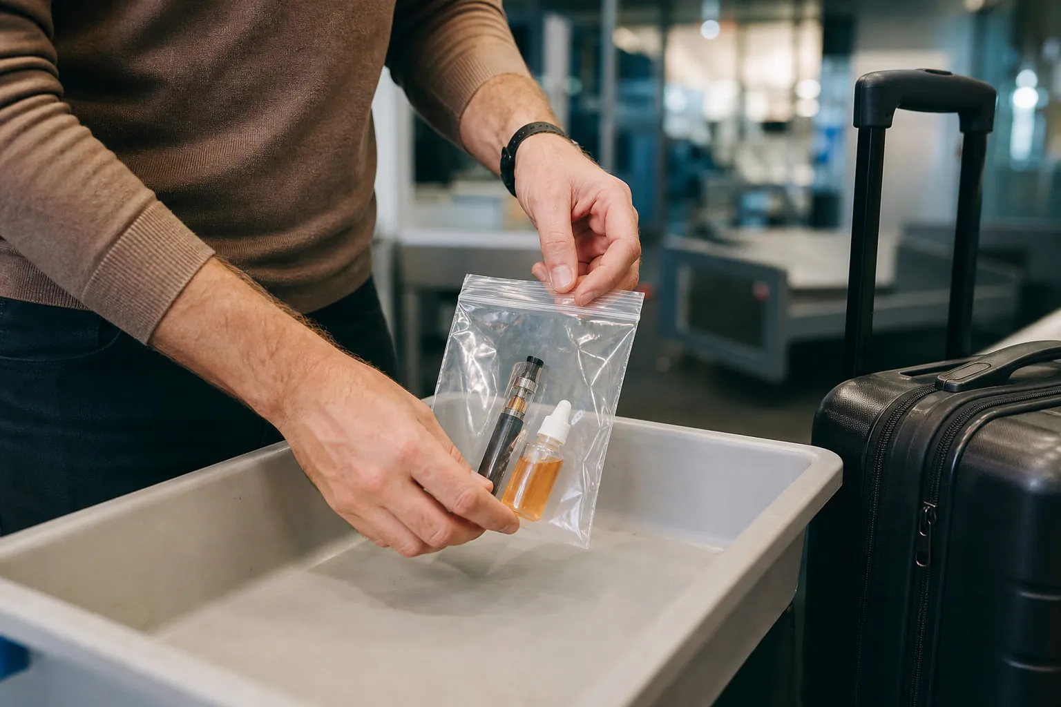 Mains plaçant une cigarette électronique dans une pochette plastique à l'aéroport