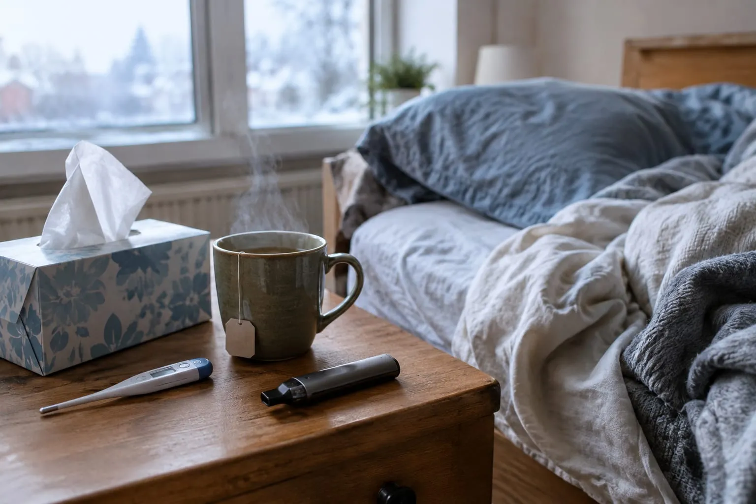 Table de chevet avec une tasse de tisane, des mouchoirs, un thermomètre et une cigarette électronique