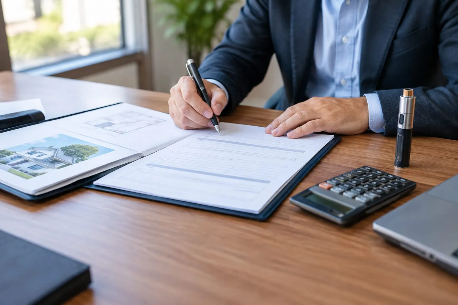 Dossier de prêt immobilier, stylo et calculatrice sur un bureau, une cigarette électronique posée à côté