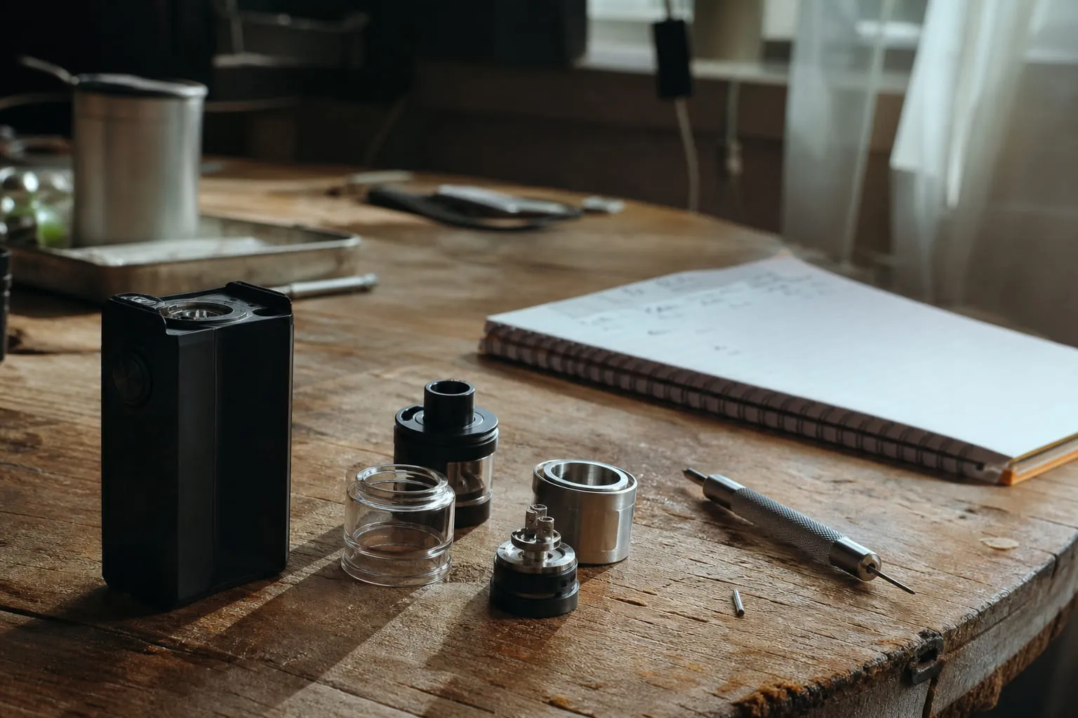 Flacon de e-liquide et atomiseur posés sur un plan de travail clair