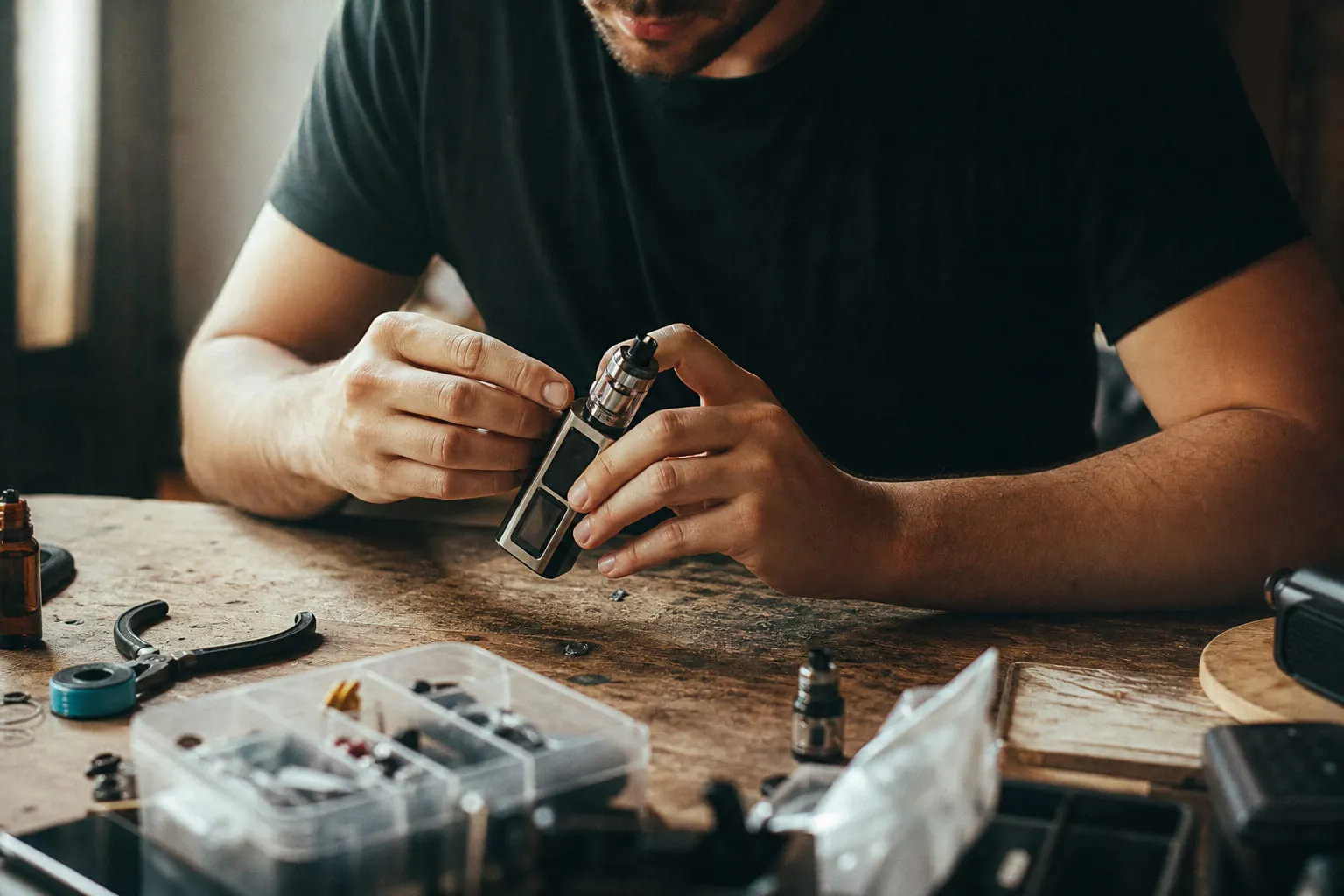 Thermomètre et box de vape posés sur un plan de travail clair