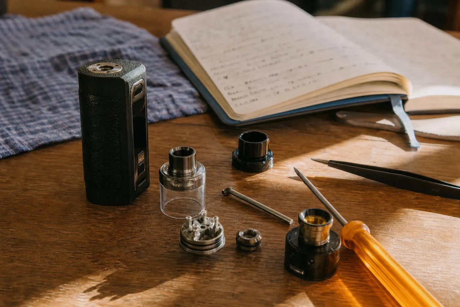 Accus cylindriques posés près d'une box mod ouverte sur un établi