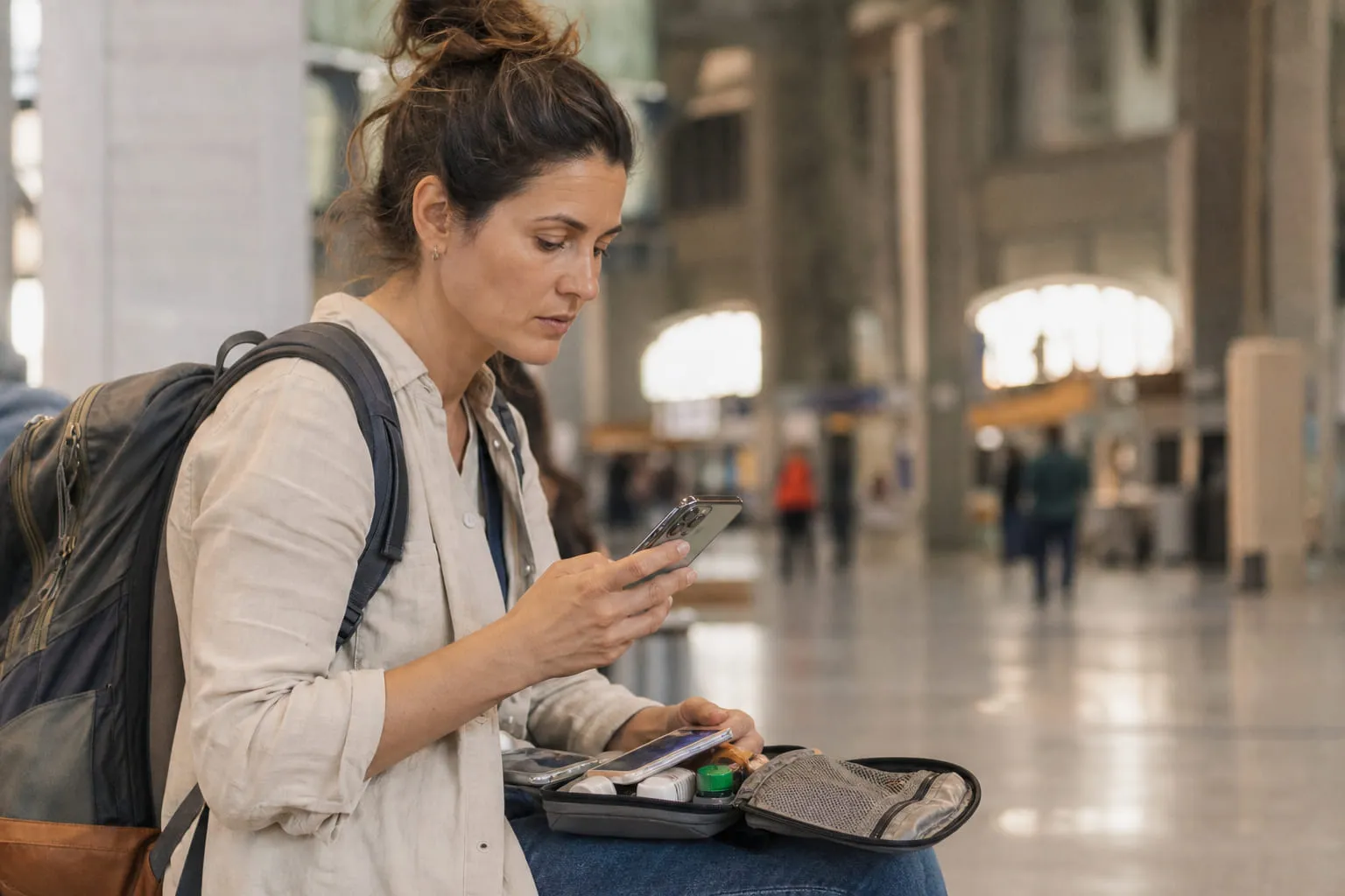 Voyageuse vérifiant une information sur son téléphone dans un hall de gare